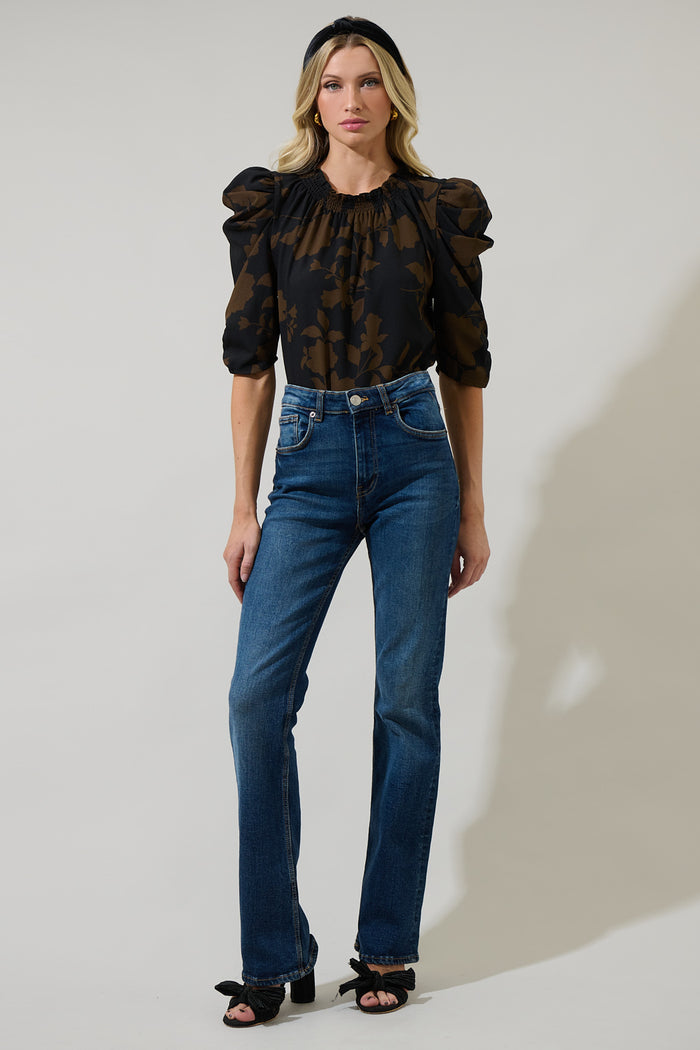 Toffee Floral Drape Sleeve Top