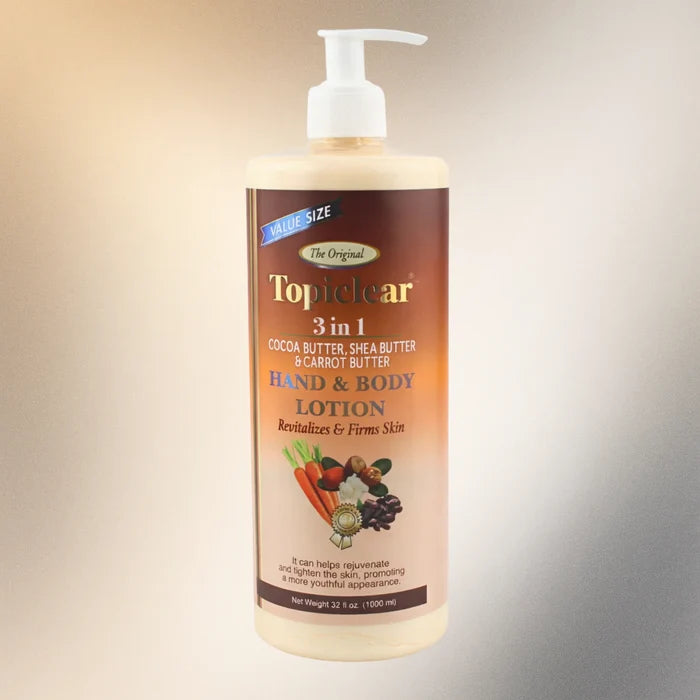 Topiclear 3-in-1 Hand & Body Lotion – Benefits 32 Oz 1100 Ml (Cocoa Butter + Shea Butter + Carrot Butter)