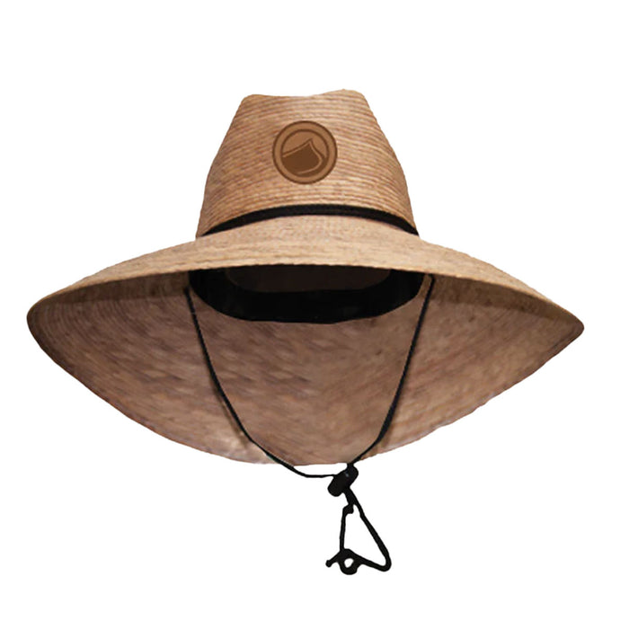 Tradition Straw Lifeguard Hat with wide brim, chin strap, and front logo.