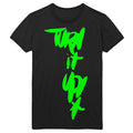 A black Orange 9mm cotton t-shirt features bold, bright green graffiti-style "Turn it up" text printed vertically down the front—a standout piece among printed garments.