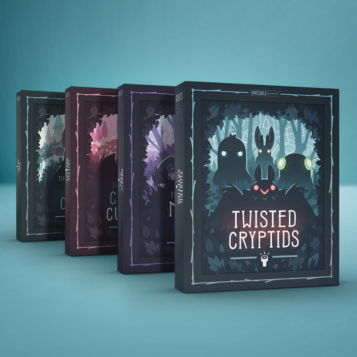 Twisted Cryptids: Base Game + 3 Expansion Bundle - four game boxes featuring cryptids on a blue background