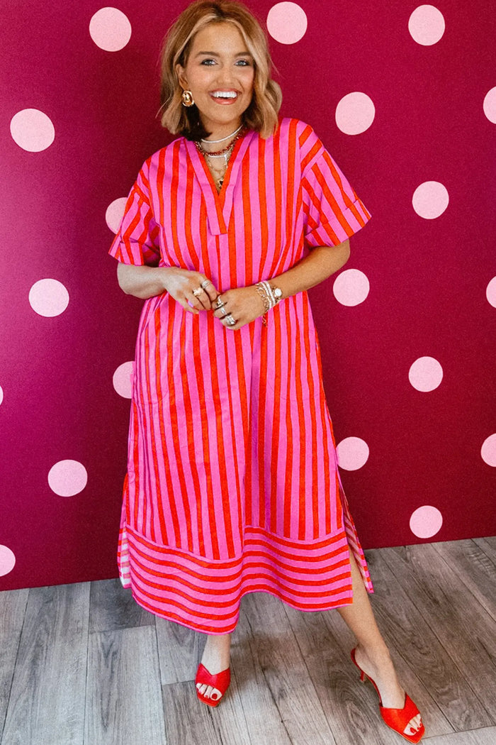 V Neck Cuffed Sleeve Relaxed Split Midi Dress – Red Stripe
