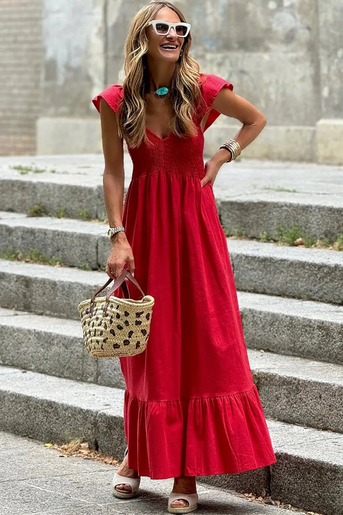 V Neck Flutter Sleeve Smocked Bodice High Waist Ruffle Maxi Dress - Dresses/Maxi Dresses