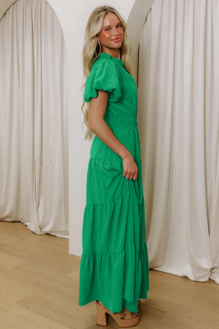 V-Neck Short Puff Sleeve Tiered Maxi Dress