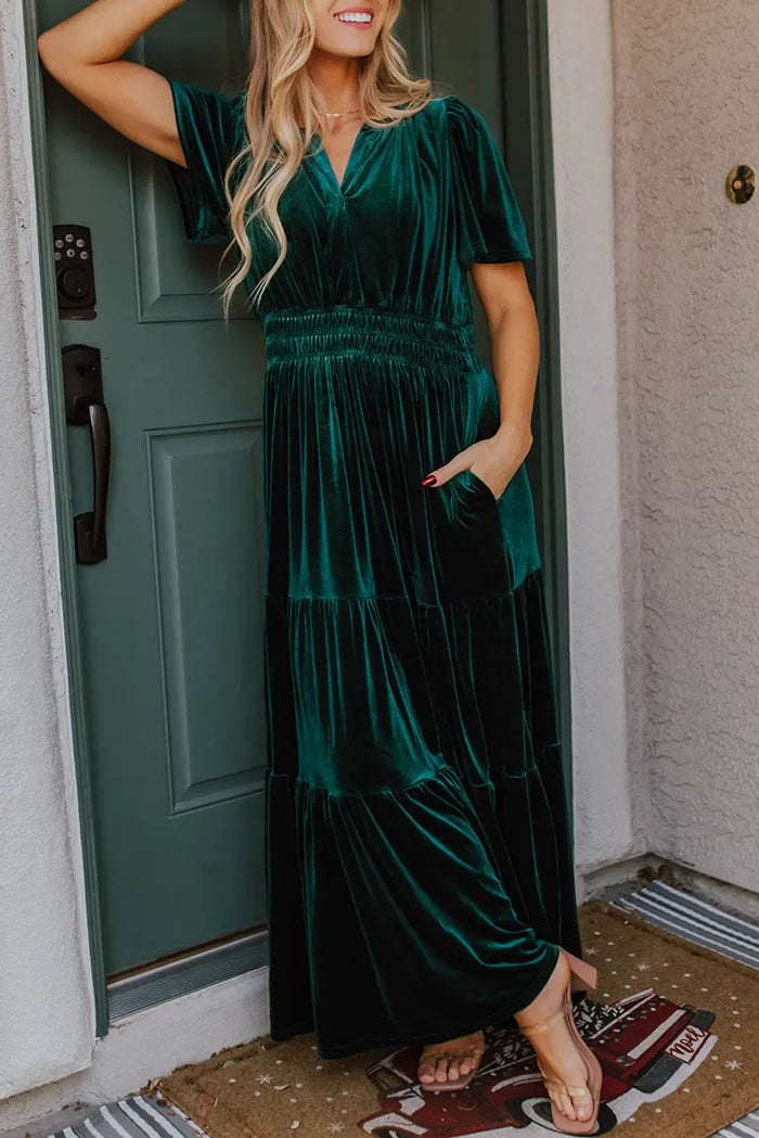 Shop Velvet Short Sleeve Shirred Waist Tiered Maxi Dress at eAura