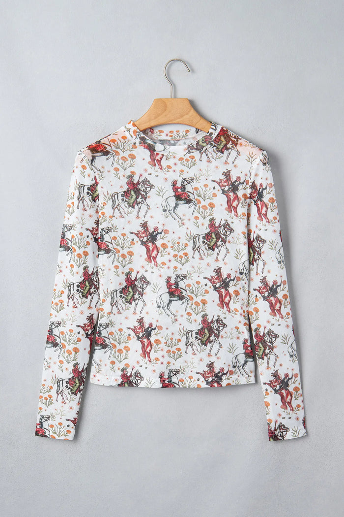 Western Cowboy Floral Print Sheer Mesh Long Sleeve Top – Beige
