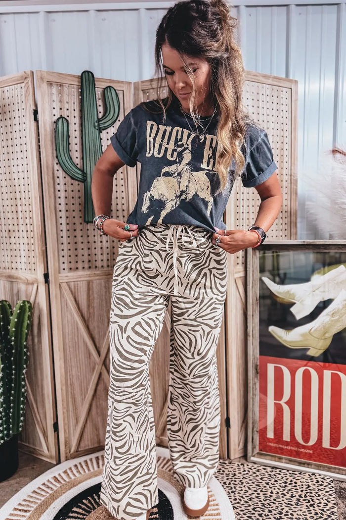 Western Print Zebra Pattern Elastic Waist Pocket Full-Length Pants – Multicolour