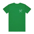 Judge green heavy cotton t-shirt featuring a small white graphic of two crossed hammers on the left chest.