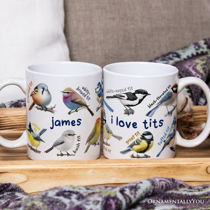 Whimsical Bird Tit Personalized Mug, Funny Birdwatcher Gift for Birder With Custom Name Personalized Ceramic Mug OrnamentallyYou