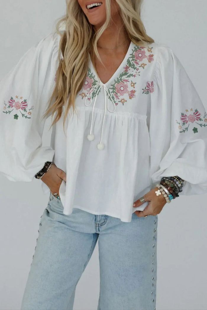 White Flower Lace-up V-Neck Babydoll Blouse - Tops/Blouses & Shirts