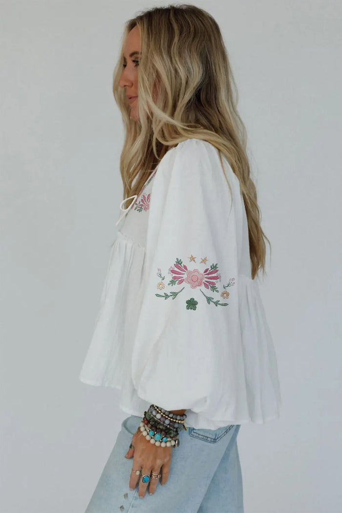 White Flower Lace-up V-Neck Babydoll Blouse - Tops/Blouses & Shirts