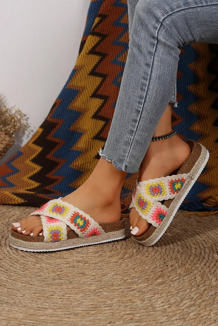 White Geometric Woven Crisscross Strap Platform Sandals - Shoes/Sandals