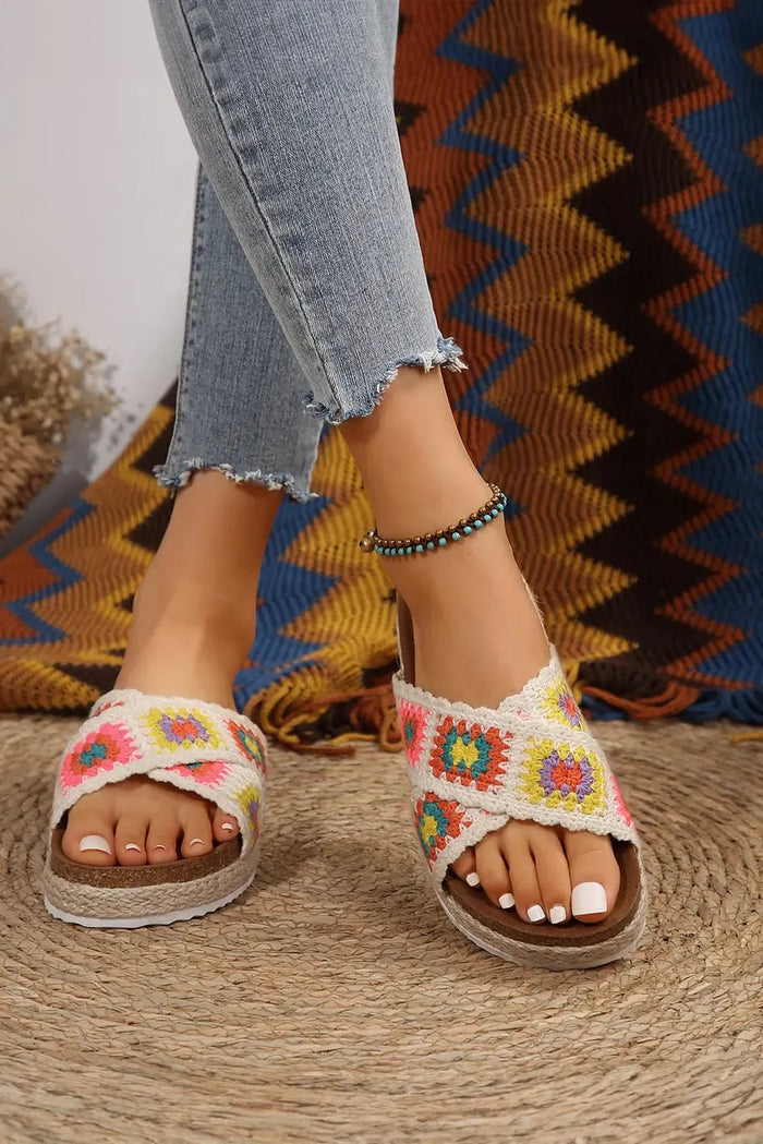 White Geometric Woven Crisscross Strap Platform Sandals - Shoes/Sandals