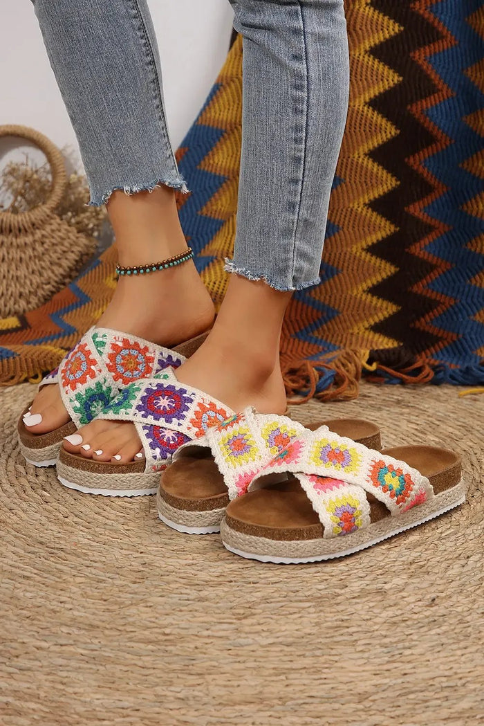 White Geometric Woven Crisscross Strap Platform Sandals - Shoes/Sandals