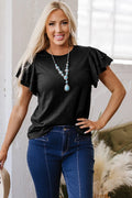White Layered Ruffle Short Sleeve Round Neck Top - Black / S / 65% Polyester + 35% Cotton - Tops/Tops & Tees