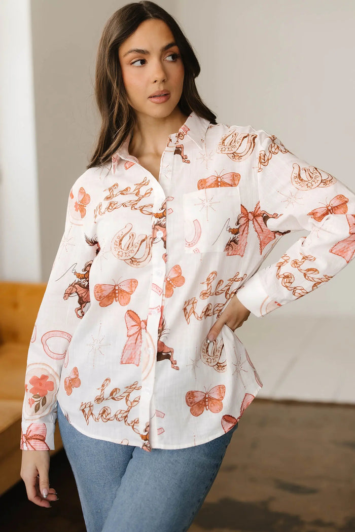 White Rodeo Cowgirl Print Western Button up Shirt - Tops/Blouses & Shirts