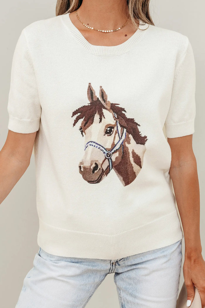 White Wild West Horse Head Print Short Sleeve Sweater