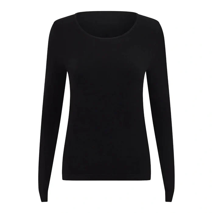 A black long-sleeve crewneck knit top displayed on a clean white background.