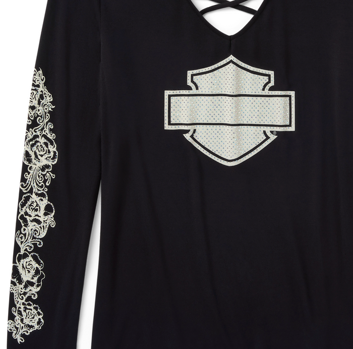 Women's Bling Chrome & Roses Long Sleeve Laced Back V Neck Tee