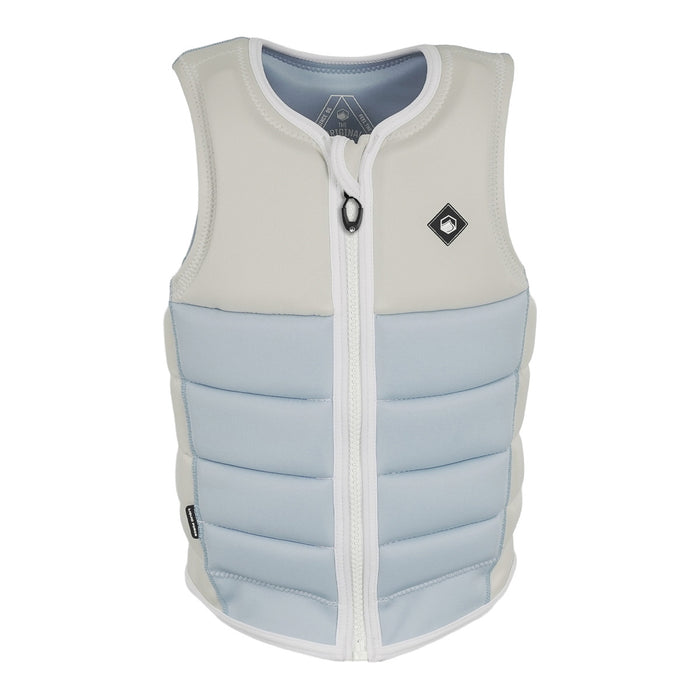 Front view of the Women's Haven Comp Vest in white and powder blue with white zipper and logo badge.