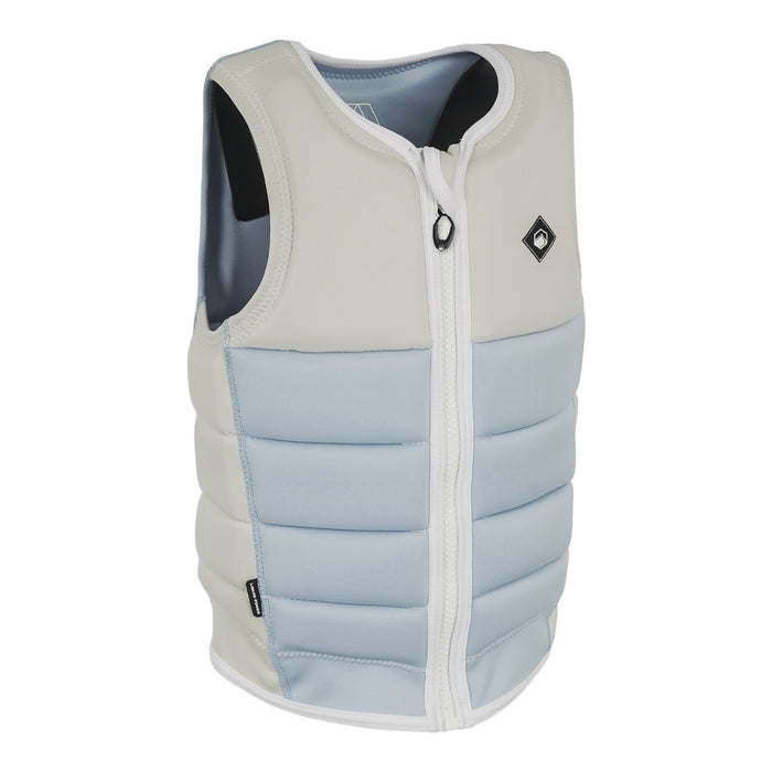 Angled front view of the Haven Comp Vest in white and blue with padded panels and white zipper.