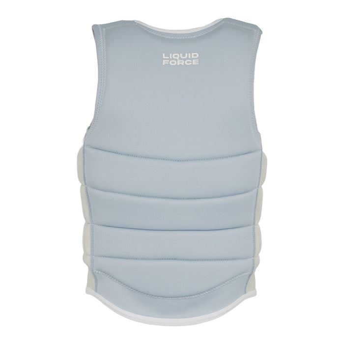 Back view of the Haven Comp Vest in powder blue with white Liquid Force logo at upper center.