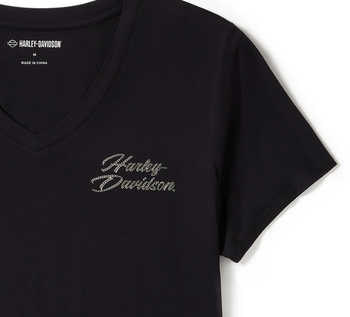 Women's Rose & Thorn Bling V Neck Tee - Harley Black
