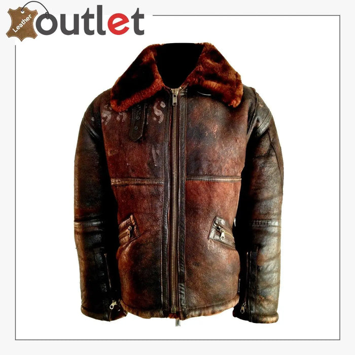 WW2 B3 sheepskin shearling flying pilot bomber jacket in deep brown, front view with throat straps