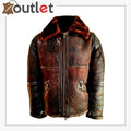 WW2 B3 sheepskin shearling flying pilot bomber jacket in deep brown, front view with throat straps