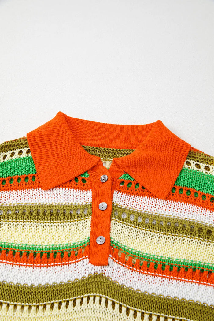 Yellow Stripe Eyelet Sleeveless Buttoned Split Neck Sweater Dress - Sweaters & Cardigans/Sweater Dresses