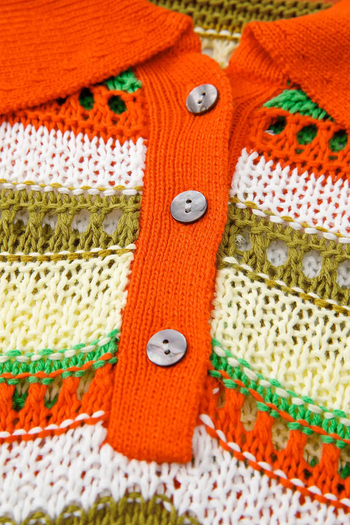 Yellow Stripe Eyelet Sleeveless Buttoned Split Neck Sweater Dress - Sweaters & Cardigans/Sweater Dresses